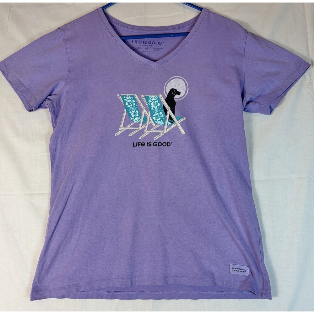 Life Is Good Ladies Crusher Tee Dog Beach Summer V-Neck Purple Women’s Medium